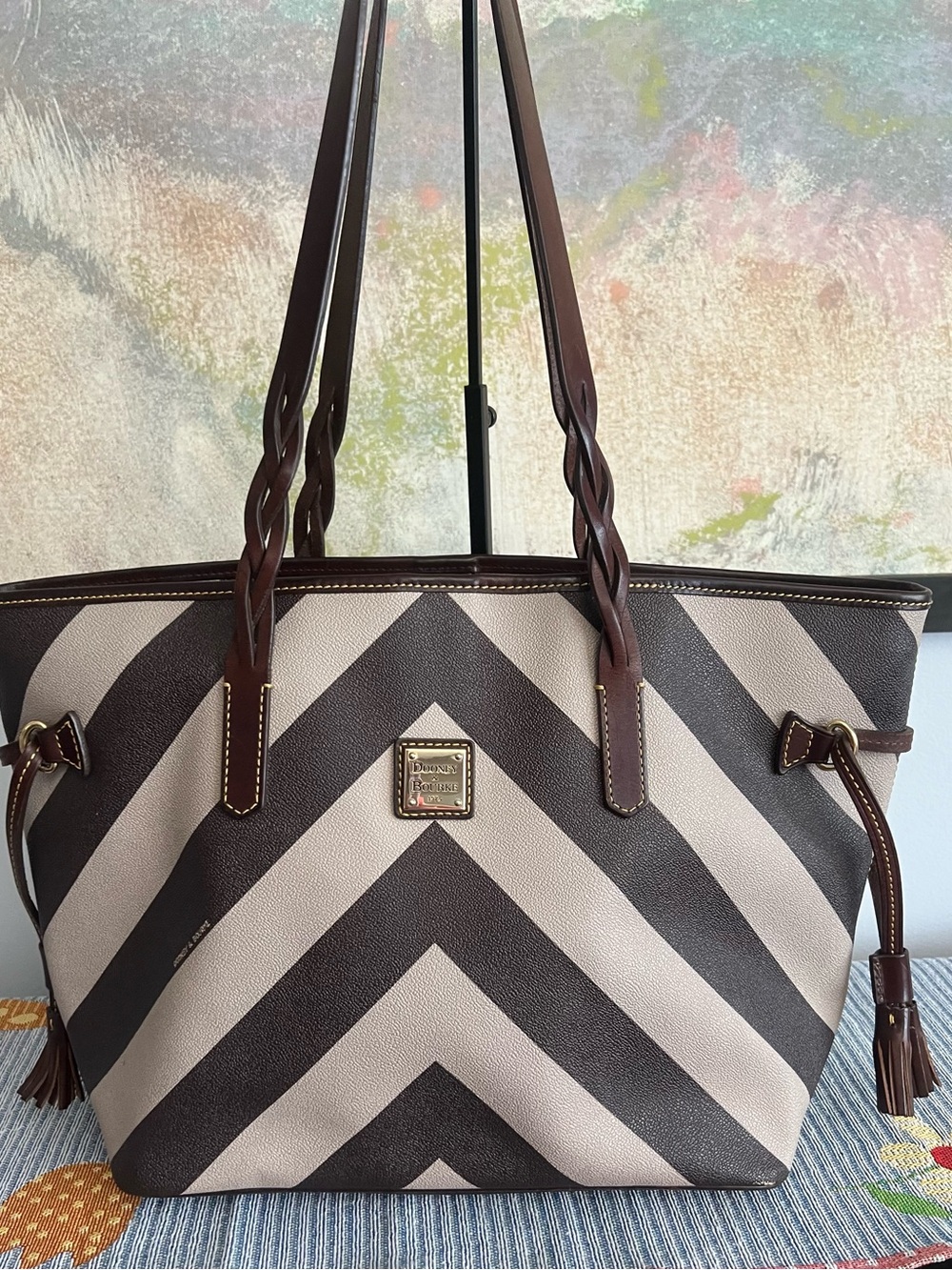 Dooney & Bourke Brown and Cream Chevron Tote